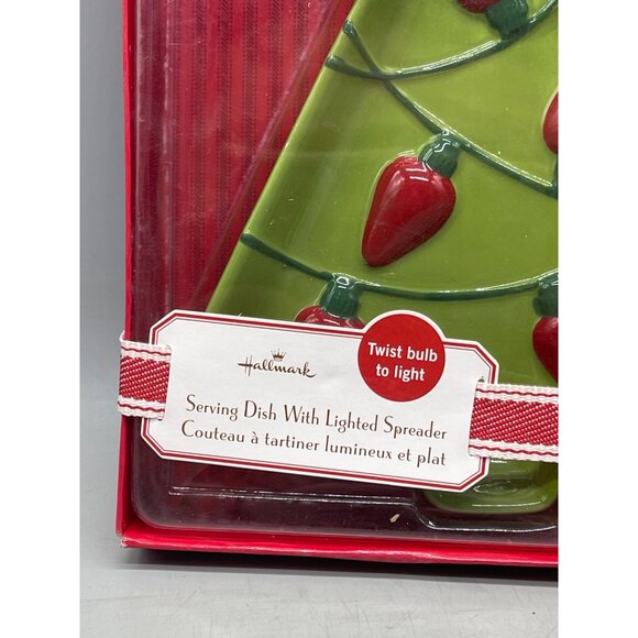 Hallmark serving dish with lighted spreader tree star green red glass READ NEW - Picture 2 of 5